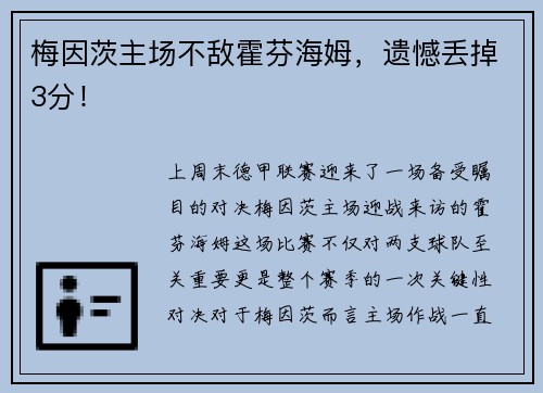 梅因茨主场不敌霍芬海姆，遗憾丢掉3分！
