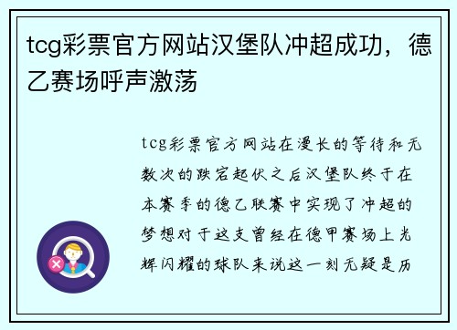 tcg彩票官方网站汉堡队冲超成功，德乙赛场呼声激荡