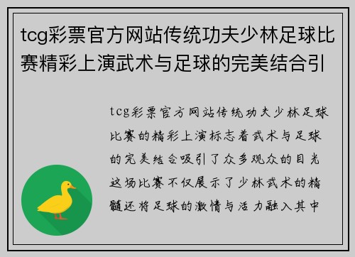tcg彩票官方网站传统功夫少林足球比赛精彩上演武术与足球的完美结合引发热烈反响
